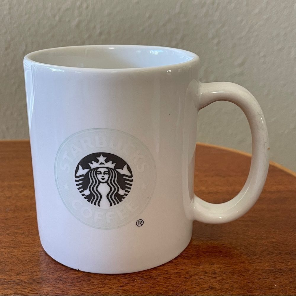 Vintage Starbucks 2004 White Coffee Cup With Black Mermaid Logo White Outer Ring